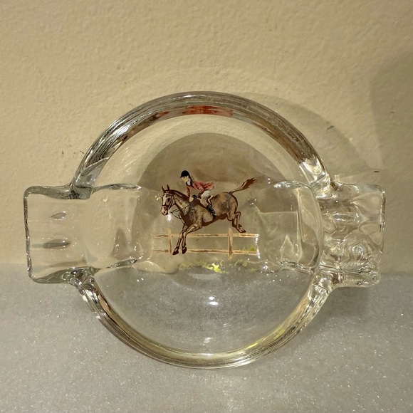 Vintage Hand-Painted Steeplechase Glass Ashtray Equestrian